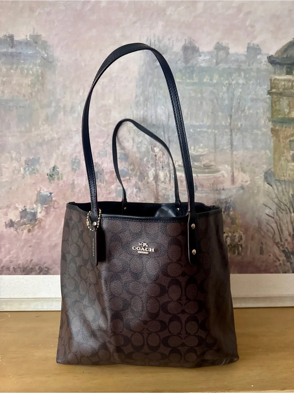 Coach Brown & Black Signature Monogram Vinyl Tote Bag - Reversible - Picture 1 of 7